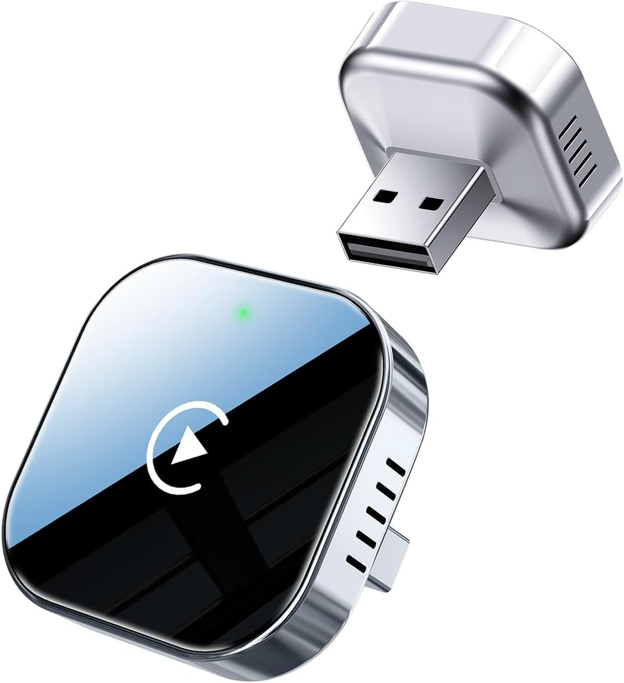 Zwei silberne USB-Adapter mit Play-Symbol und grüner Leuchte auf einem.