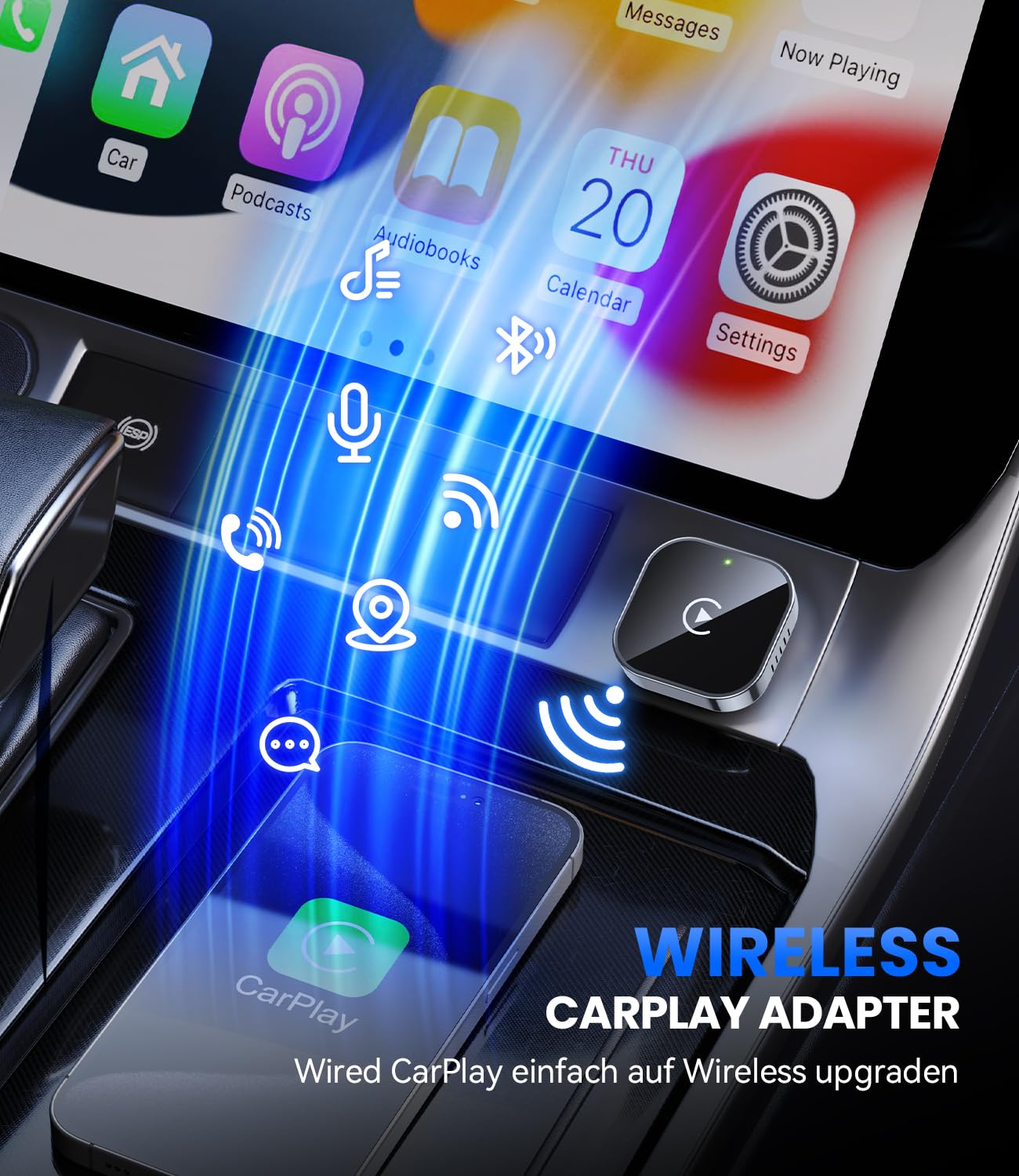 Drahtloser CarPlay-Adapter mit Symbolen für Anrufe, Nachrichten und Musik auf einem Smartphone.