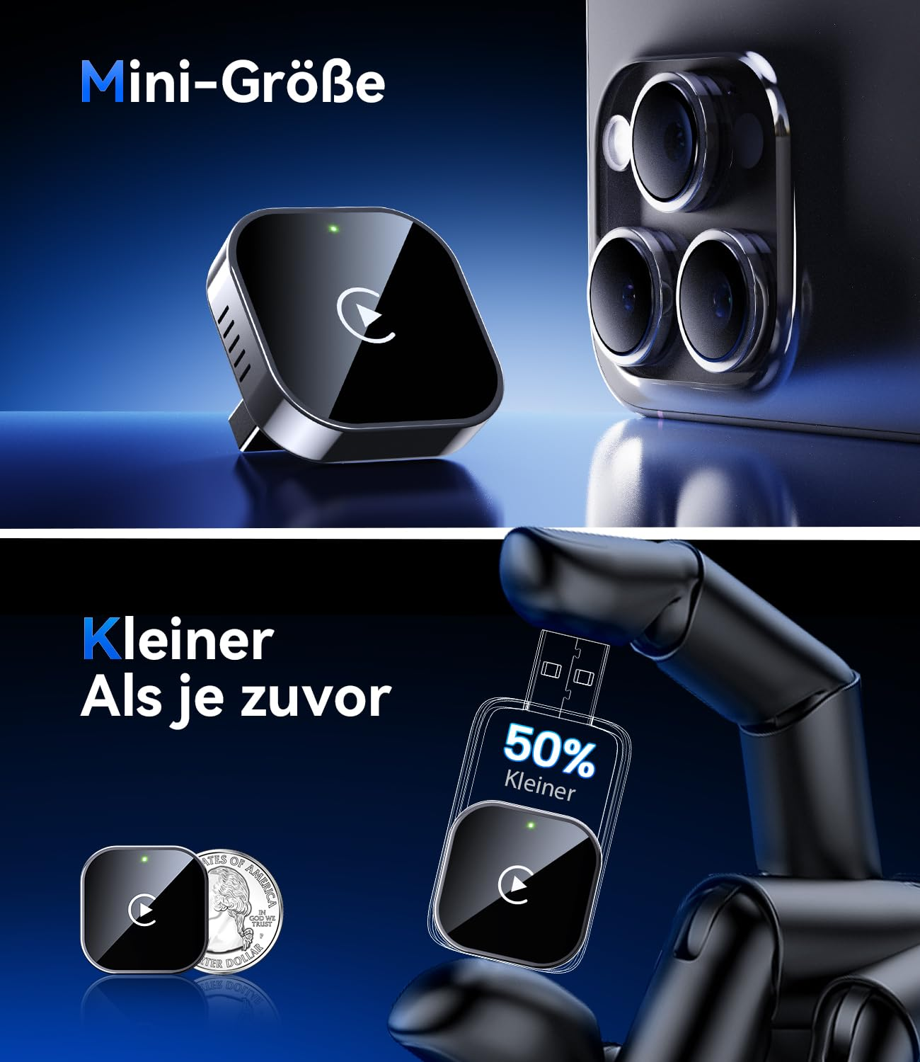 Ein kleiner schwarzer USB-Adapter neben einer Münze und einem Smartphone.