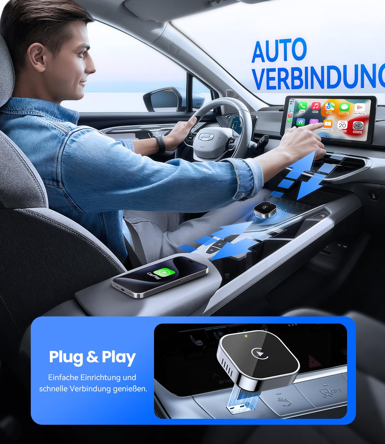 Mann fährt Auto, Handy mit CarPlay und kleiner Adapter sind zu sehen.