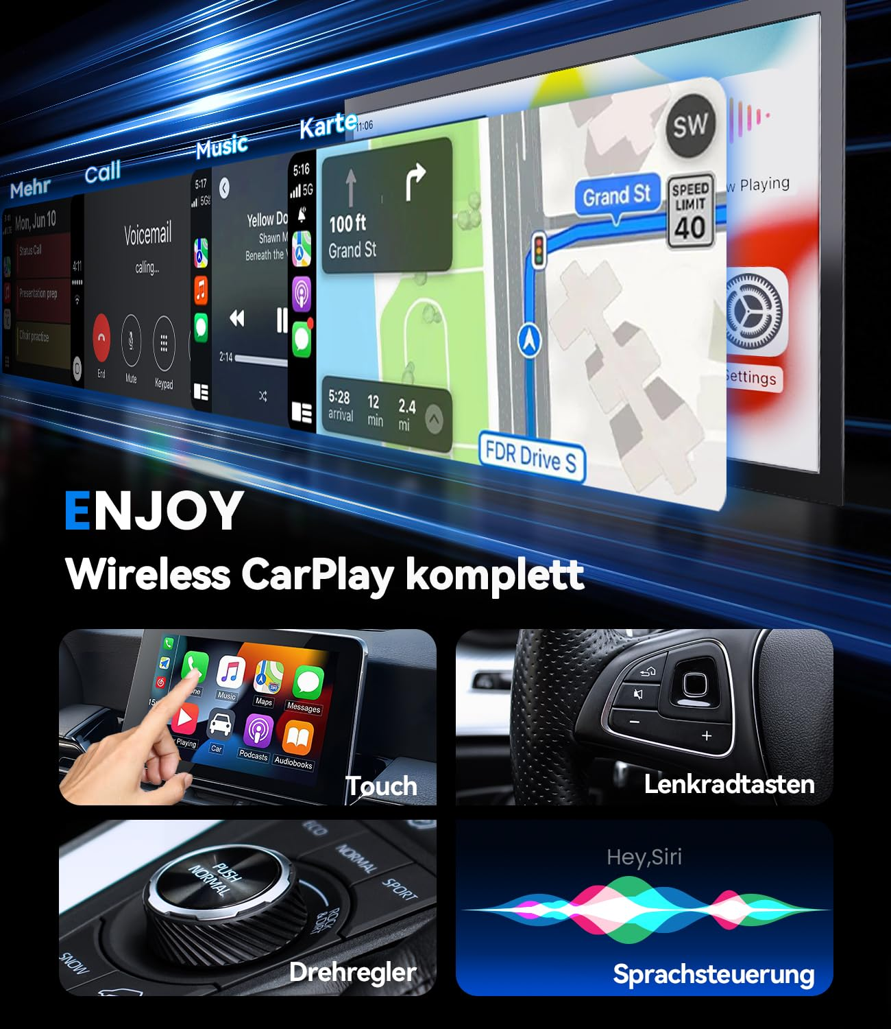 Auto-Display mit CarPlay: Navigation, Musik, Anrufe, Lenkradtasten & Sprachsteuerung.