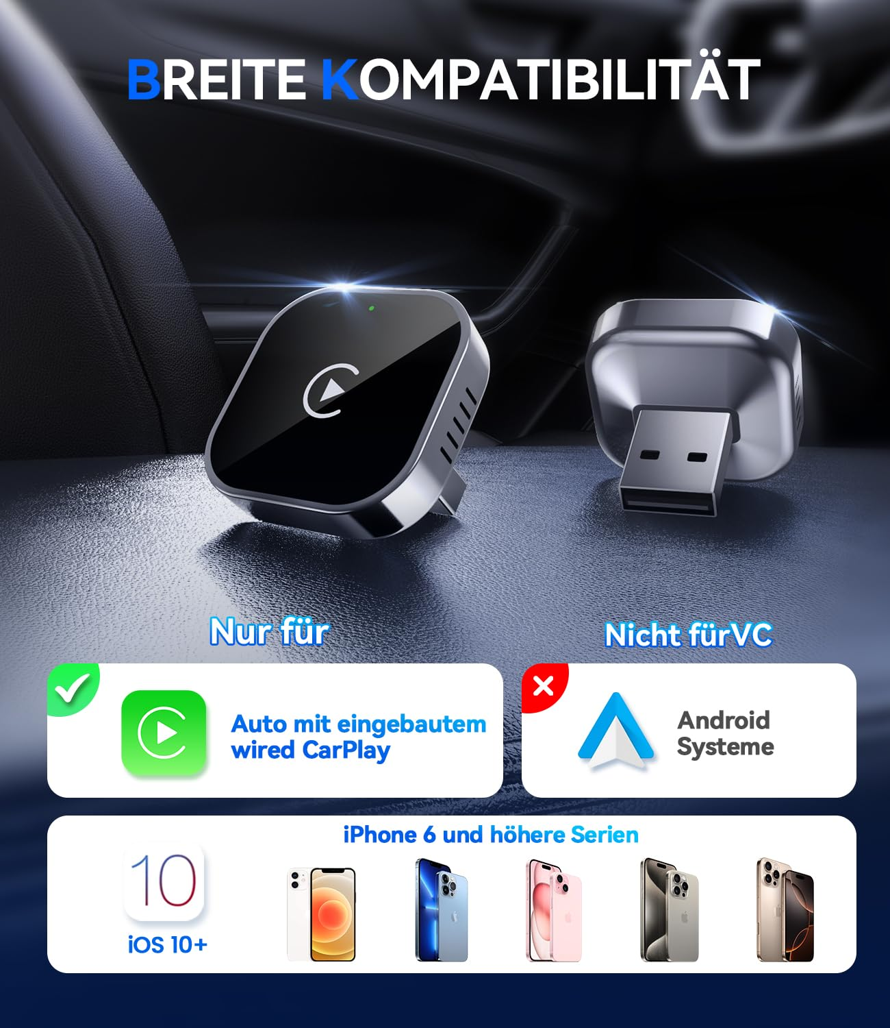 Ein Adapter für Autos mit CarPlay und iPhones ab Serie 6. Nicht für Android.