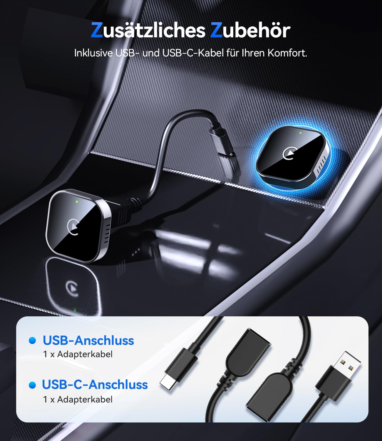 Zwei schwarze Geräte mit USB- und USB-C-Kabeln in einem Auto.