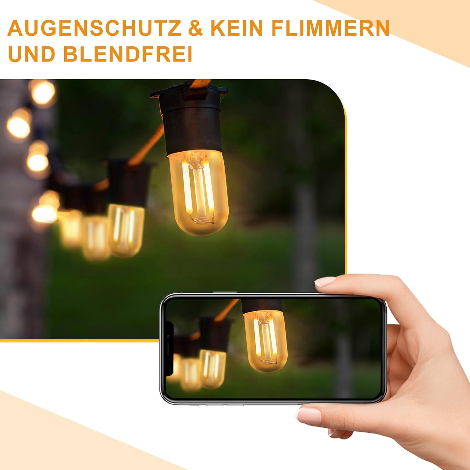 Eine Lichterkette mit Glühbirnen, die von einer Hand auf einem Smartphone gehalten wird.
