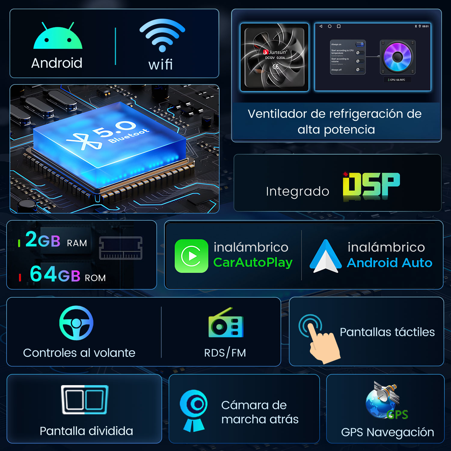 Características del sistema multimedia del coche: Android, WiFi, Bluetooth 5.0, DSP, 2GB RAM, 64GB ROM, ventilador, CarAutoPlay, Android Auto, controles en el volante, RDS/FM, pantallas táctiles, pantalla dividida, cámara trasera, GPS.
