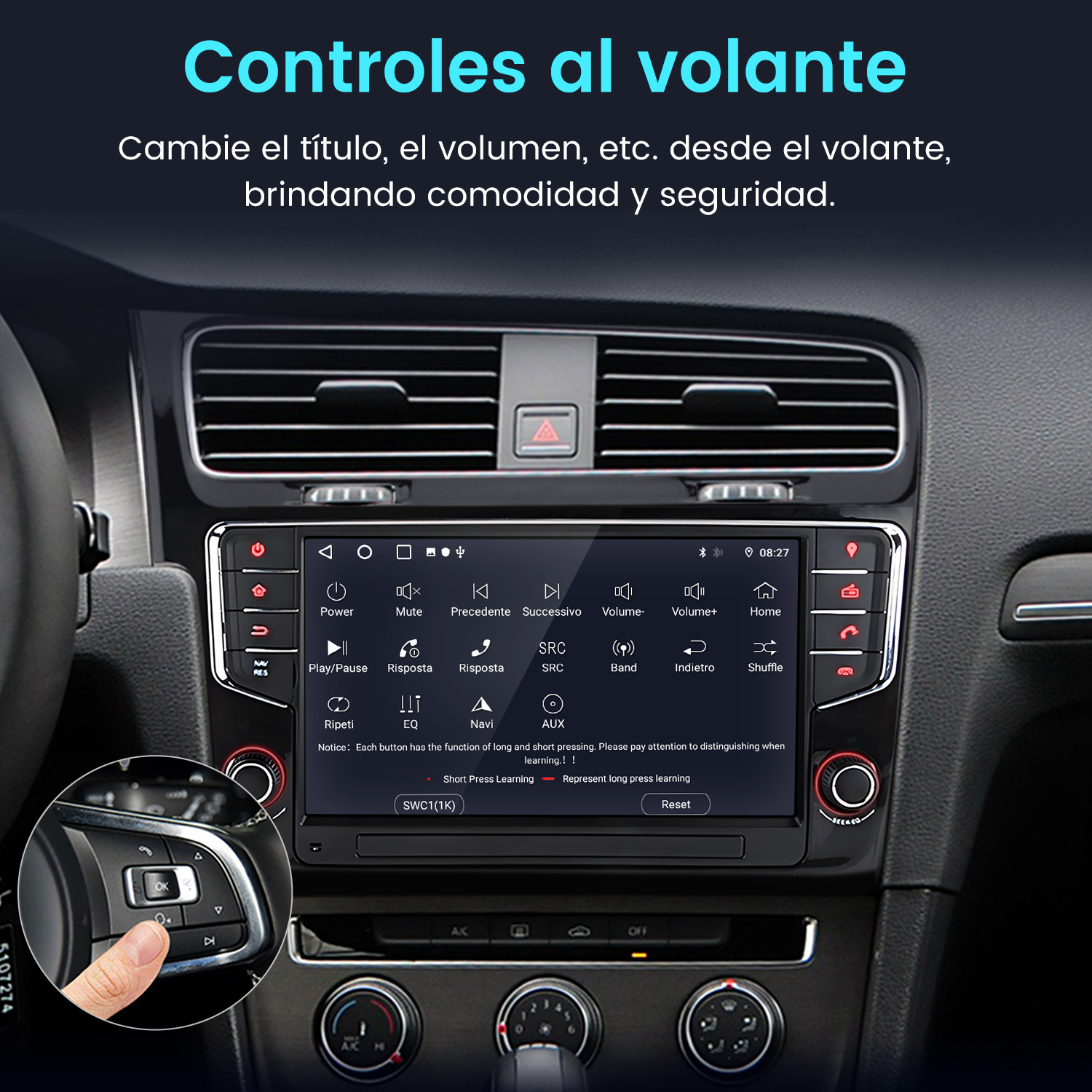 Un dedo presiona un botón del volante de un coche; el sistema de infoentretenimiento es visible.