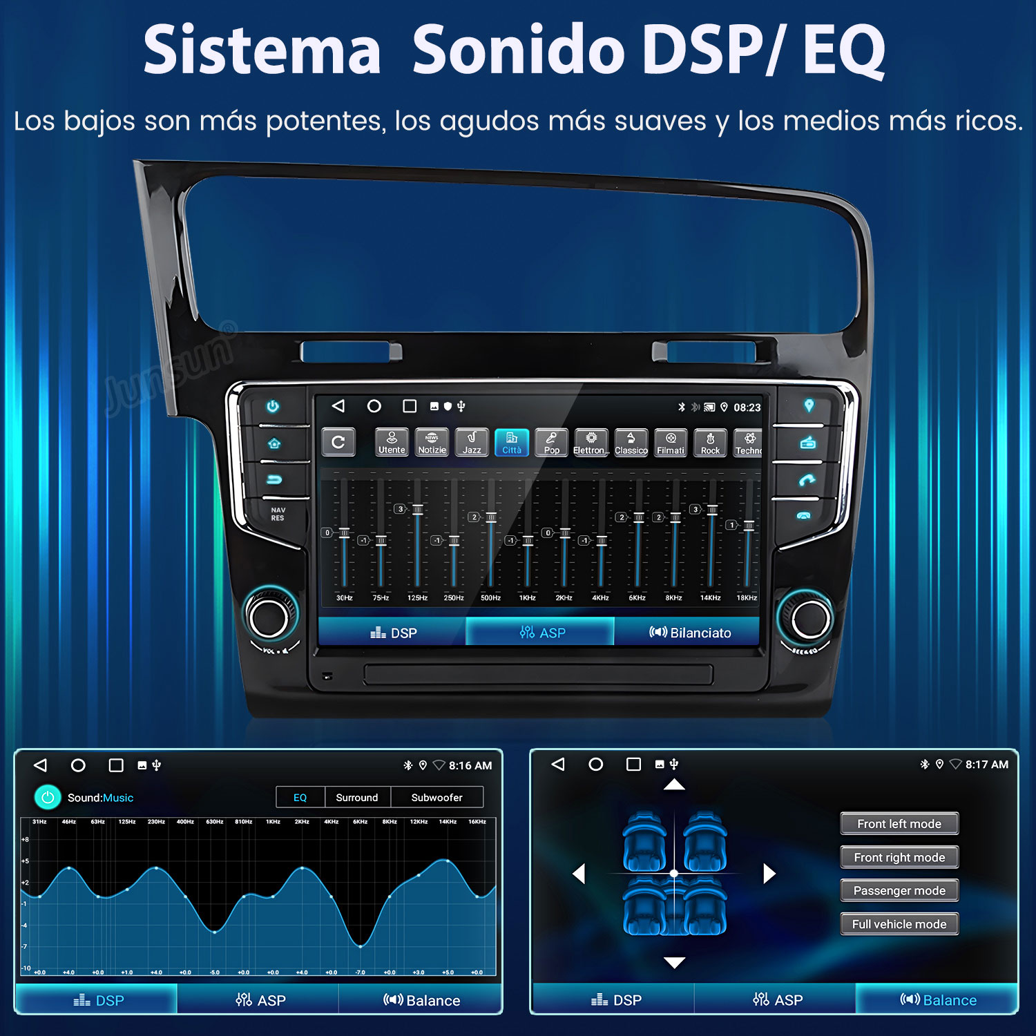 Pantalla de radio de coche mostrando ajustes DSP/EQ, espectro de audio y modos de altavoz.