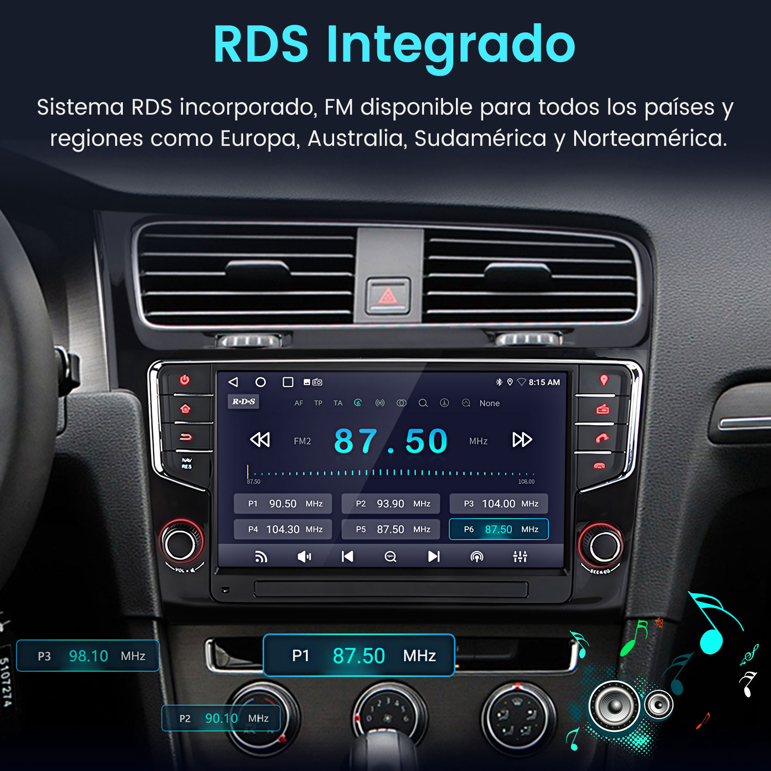 Interior de coche con radio de pantalla táctil mostrando emisoras. Notas musicales flotan.