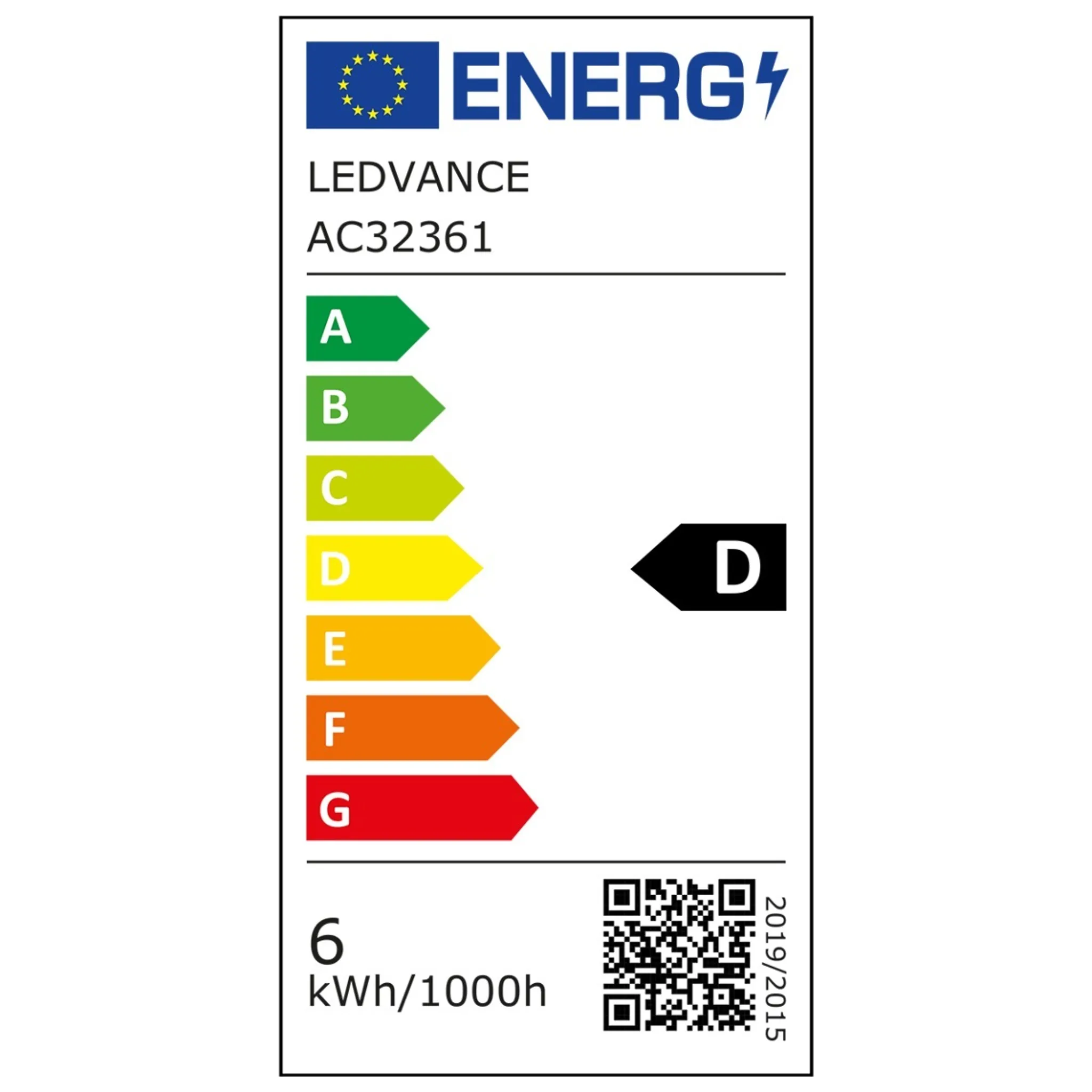 Energieetikett mit einer Skala von A bis G. LEDVANCE AC32361, 6 kWh/1000h.
