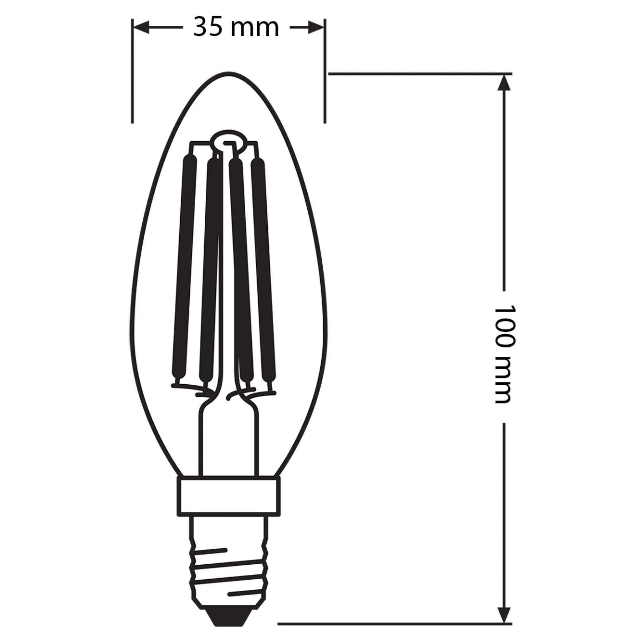 Technische Zeichnung einer Kerzen-LED-Lampe, 35x100mm.