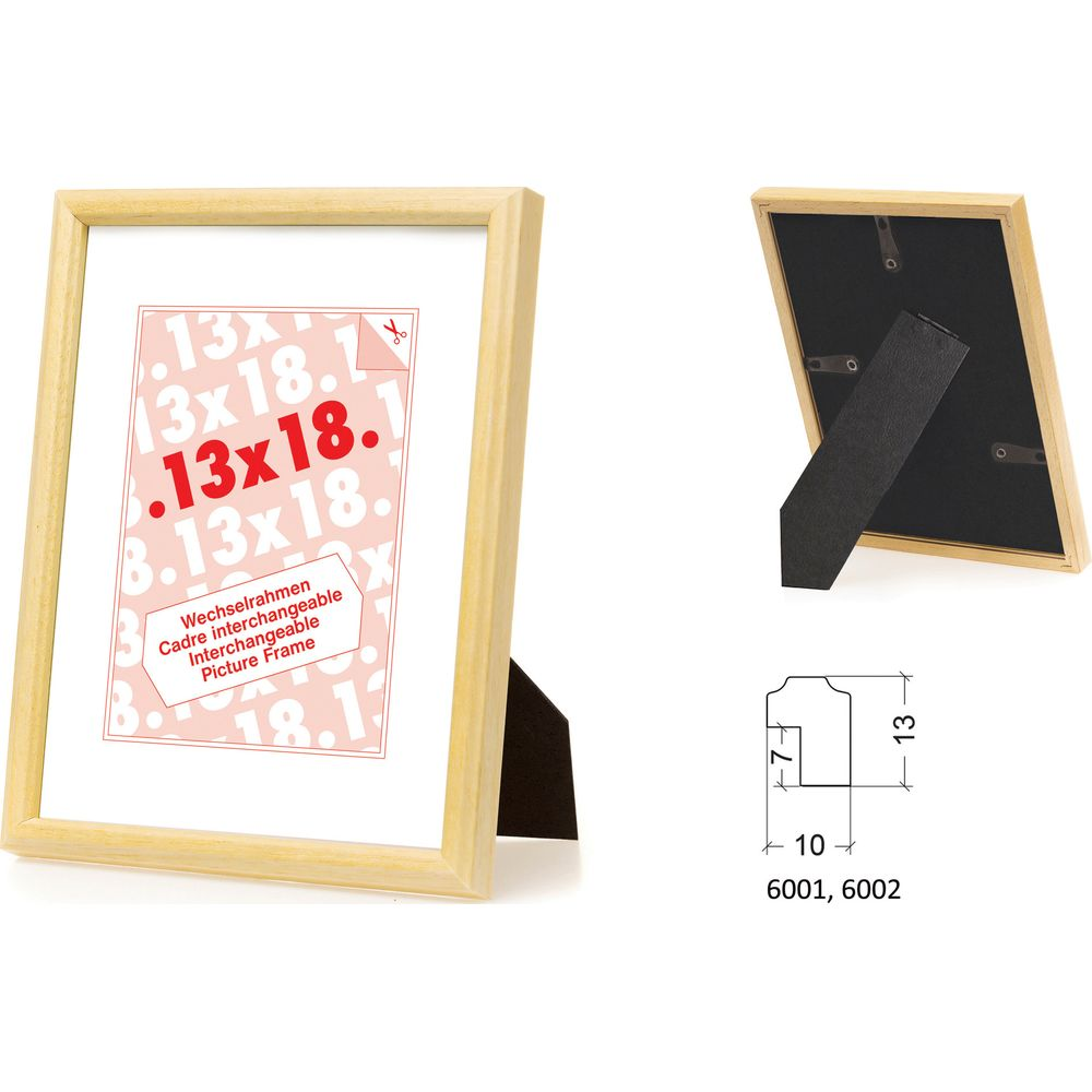 Cadre photo en bois avec pied et dessin technique. Dimensions : 13x18,1 cm.