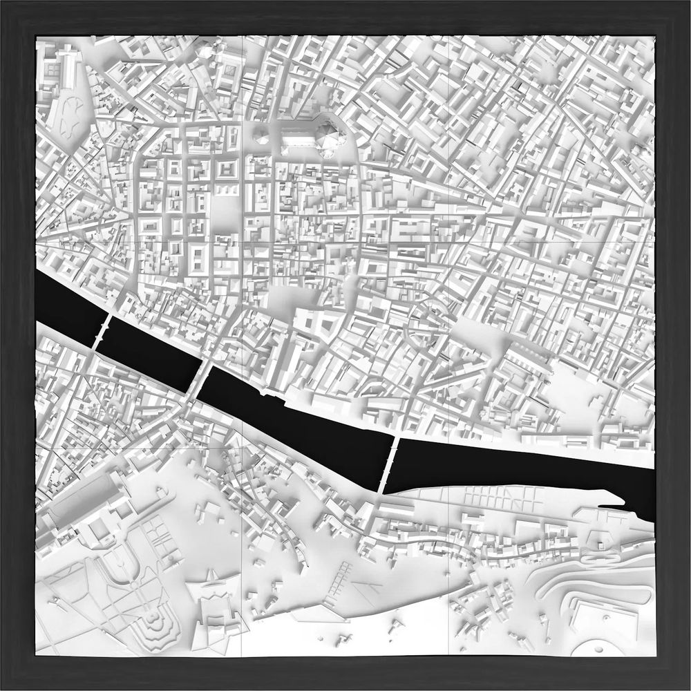 Detaillierte weiße Stadtkarte mit schwarzem Fluss und Brücken.