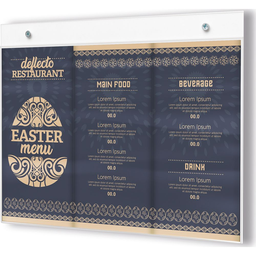 Un menu en trois volets pour le restaurant Deflecto, sur le thème de Pâques avec des motifs ornés.