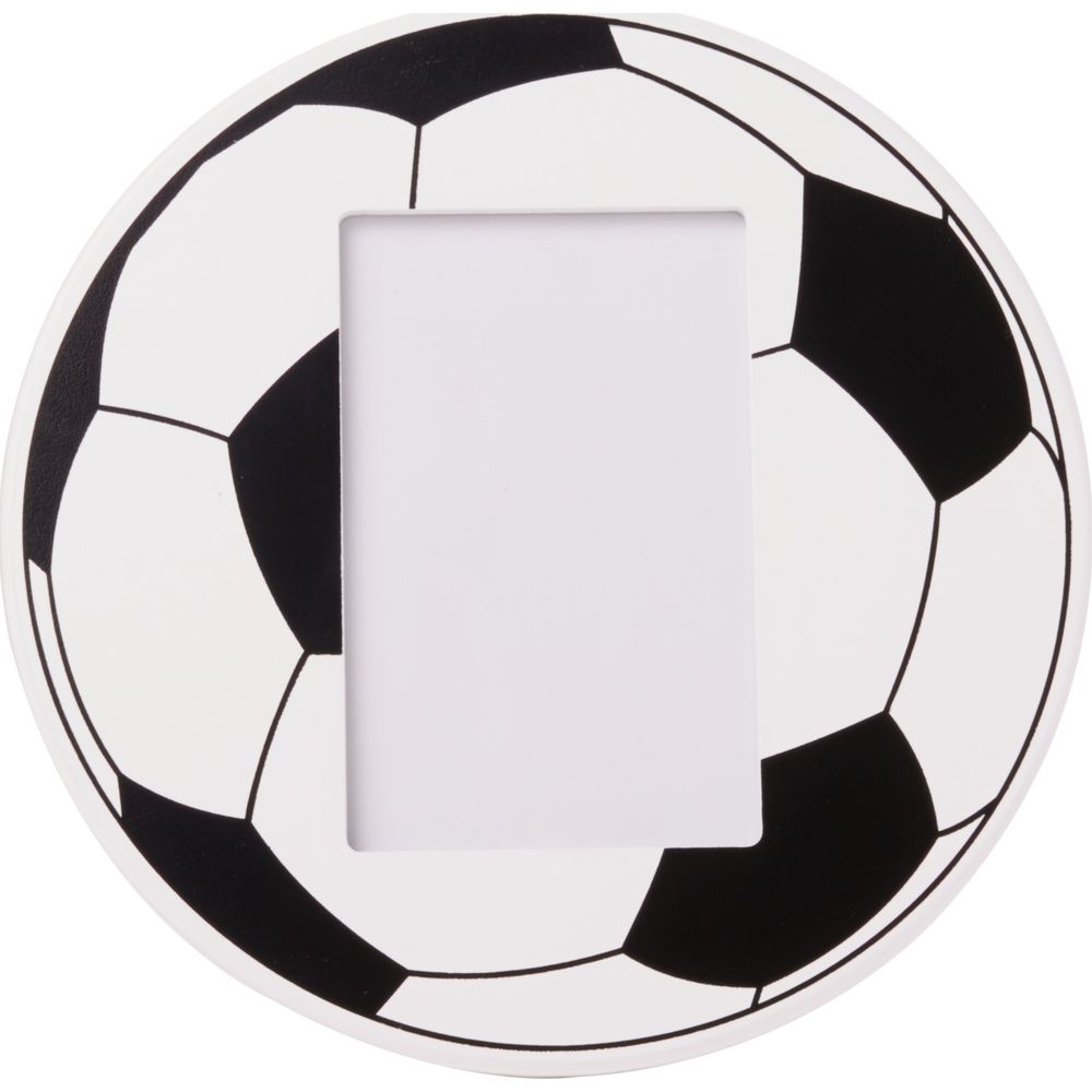 Un cadre photo rond, noir et blanc, motif ballon de foot, avec un rectangle blanc vide au centre.