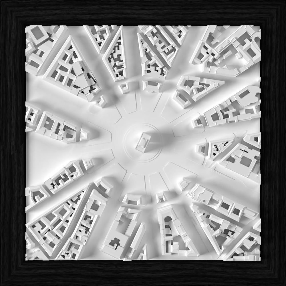 Modèle de paysage urbain avec des bâtiments disposés en cercle autour d'un monument.