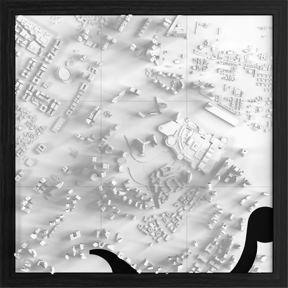 Une carte 3D blanche de ville avec de nombreux bâtiments et routes, dans un cadre noir.