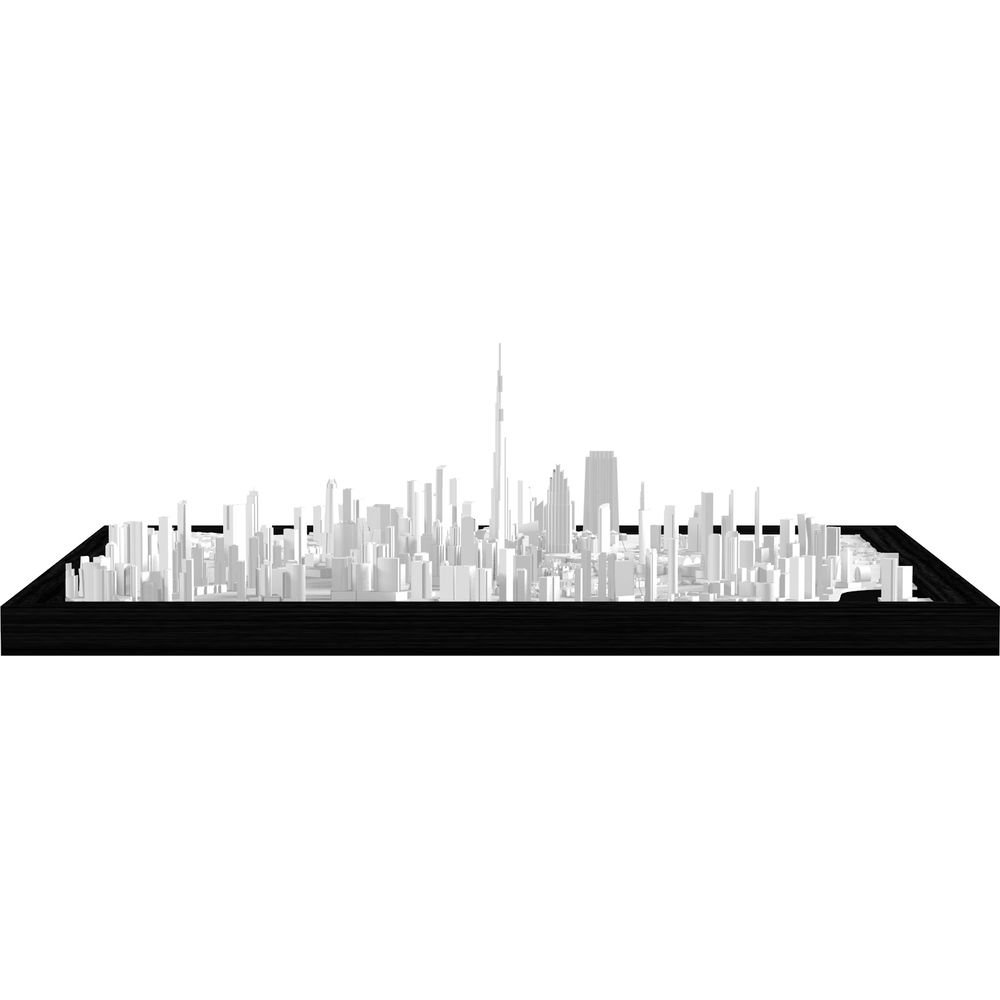 Une silhouette de ville blanche sur socle noir, avec une haute tour centrale.