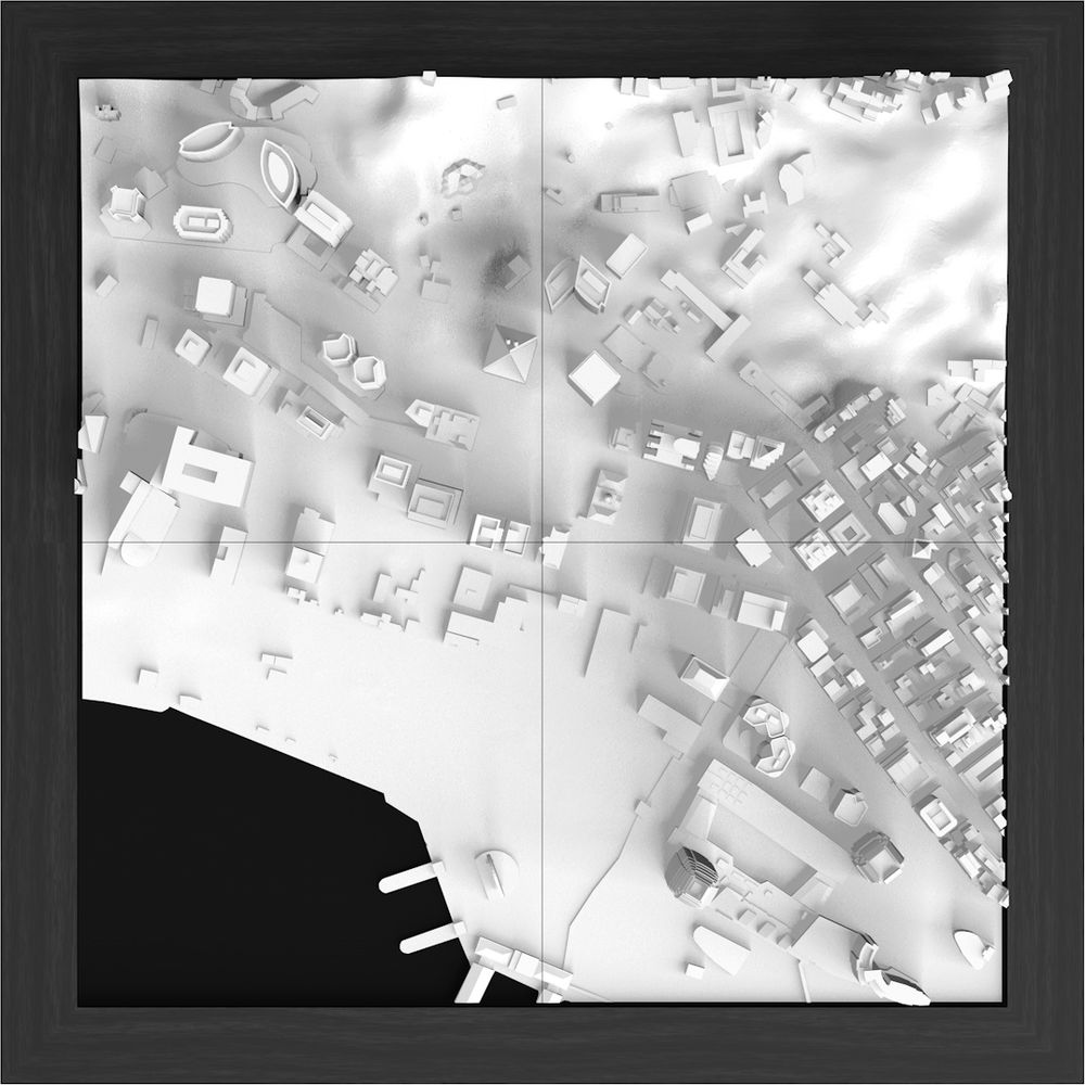 Une vue 3D de ville en noir et blanc avec des bâtiments, des routes et un port.