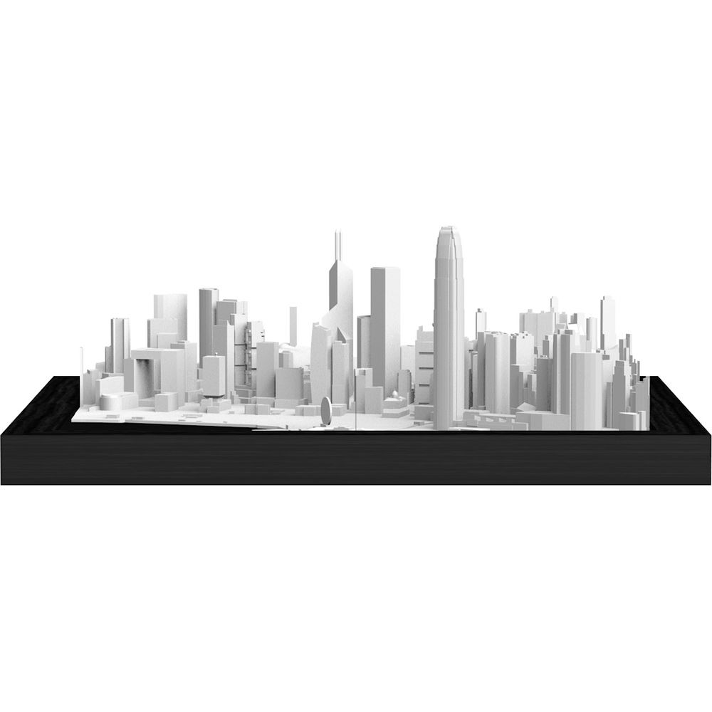 Maquette 3D d'une ligne d'horizon blanche sur socle noir. Bâtiments détaillés de hauteurs variées.