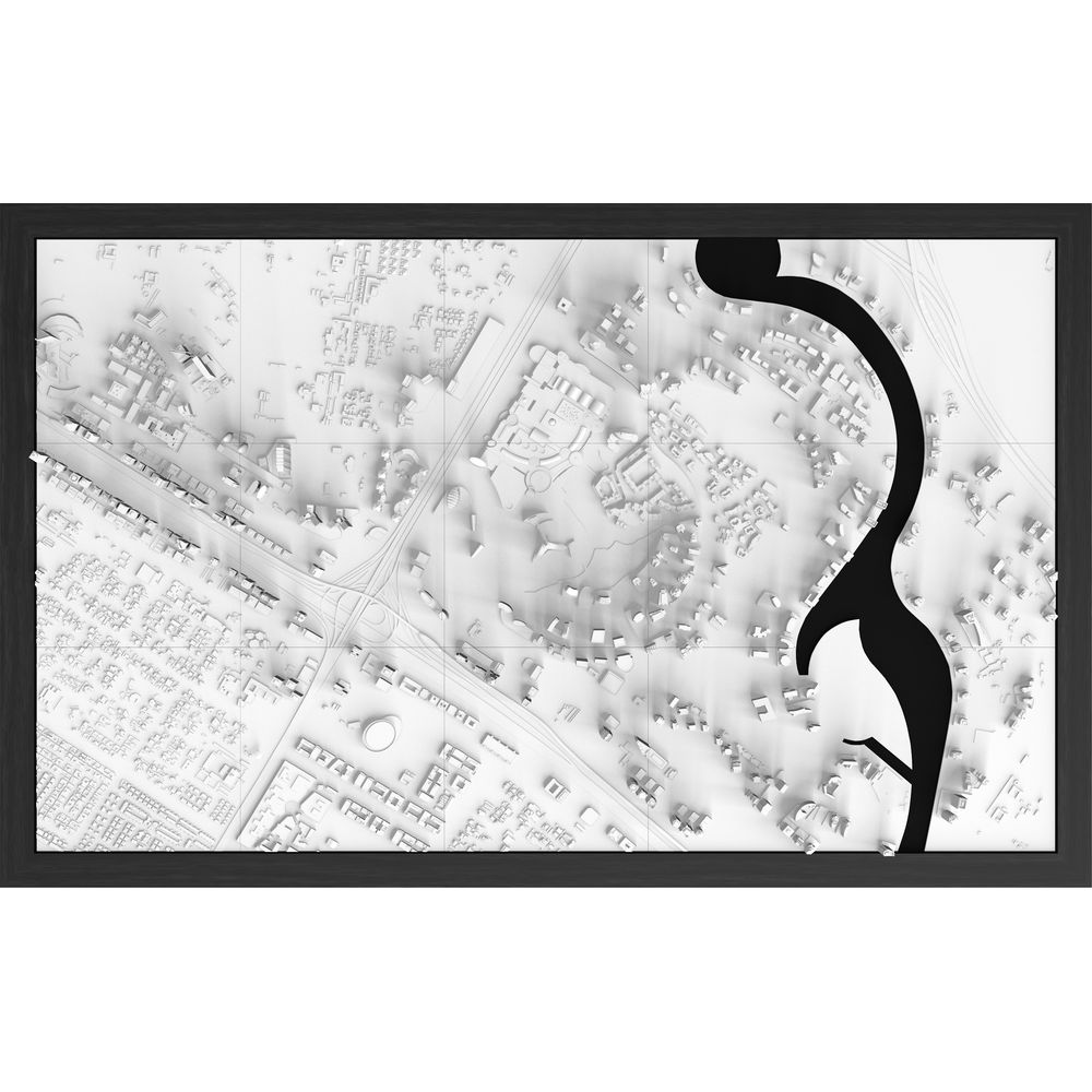 3D topografische Karte einer Stadt mit einer schwarzen Flussform, die die rechte Seite dominiert.