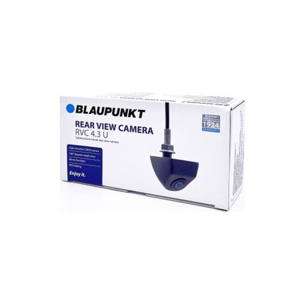 Blaupunkt Rückfahrkamera RVC 4.3 U auf weißem Karton. Schwarzes Logo.