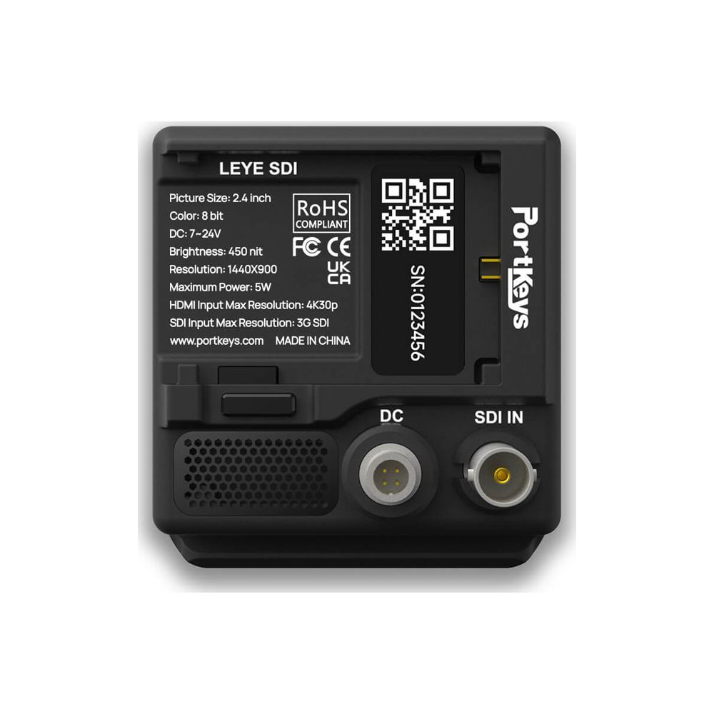 Arrière d'un appareil PortKeys Leye SDI noir montrant les spécifications et les ports.