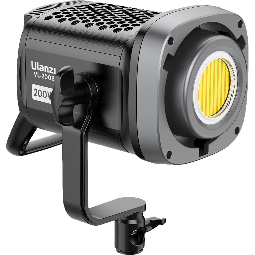 Luce Ulanzi VL-200B nera con lampadina gialla, montata su un supporto.
