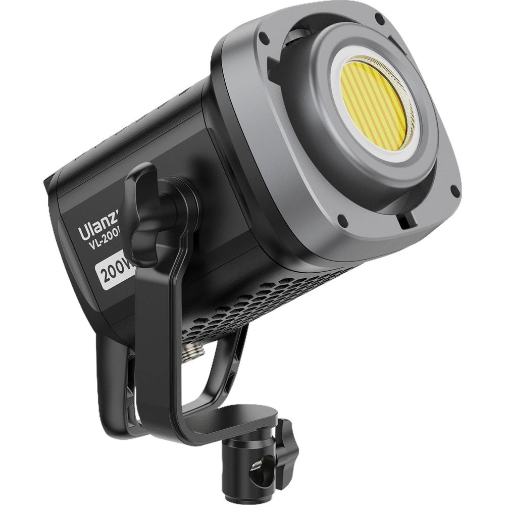 Luce LED Ulanzi VL-200, 200W nera con lampadina giallo-bianca e cornice grigia.