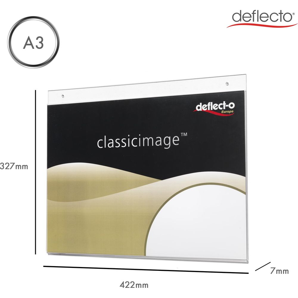 Porte-documents format A3 avec logo Deflecto et dimensions 422mm x 327mm.