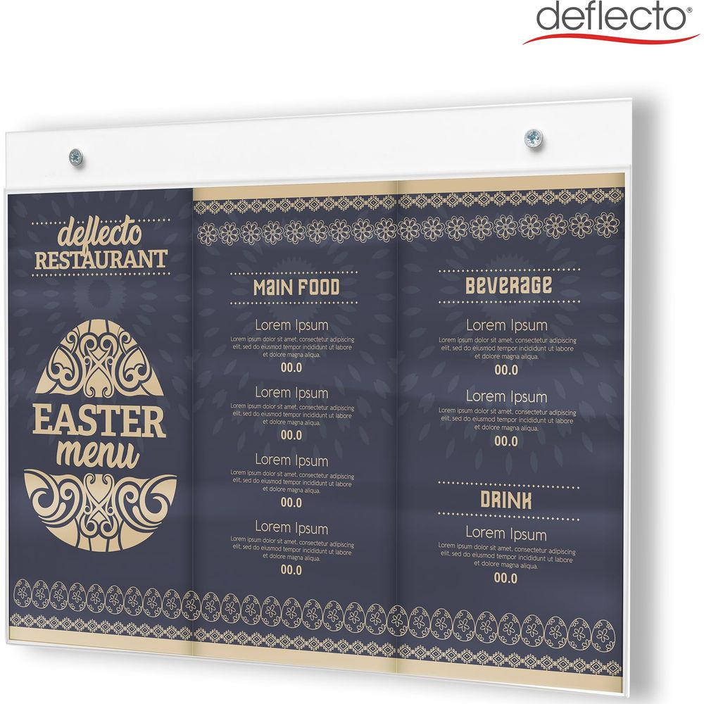 Un menu à trois volets pour le menu de Pâques du restaurant Deflecto. Comprend un design d'œuf.