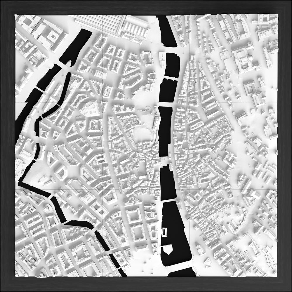 Detaillierte weiße 3D-Stadtkarte mit schwarzen Flüssen und Gebäuden.