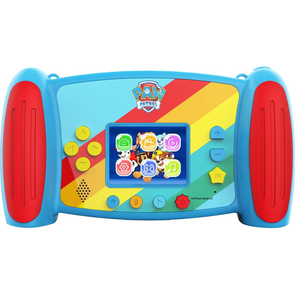 Ein blaues Paw Patrol Spielzeug mit Regenbogen-Hintergrund und Charakter-Symbolen.