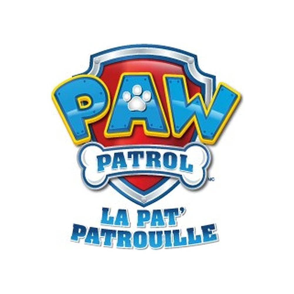 PAW Patrol Logo mit blauem Schriftzug und Pfotenabdruck auf rotem Schild.