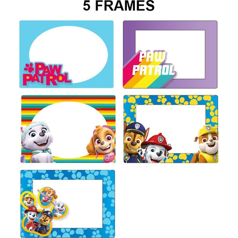 Fünf Paw Patrol Rahmen: blau, lila, Regenbogen, gelb mit Pfotenabdrücken.