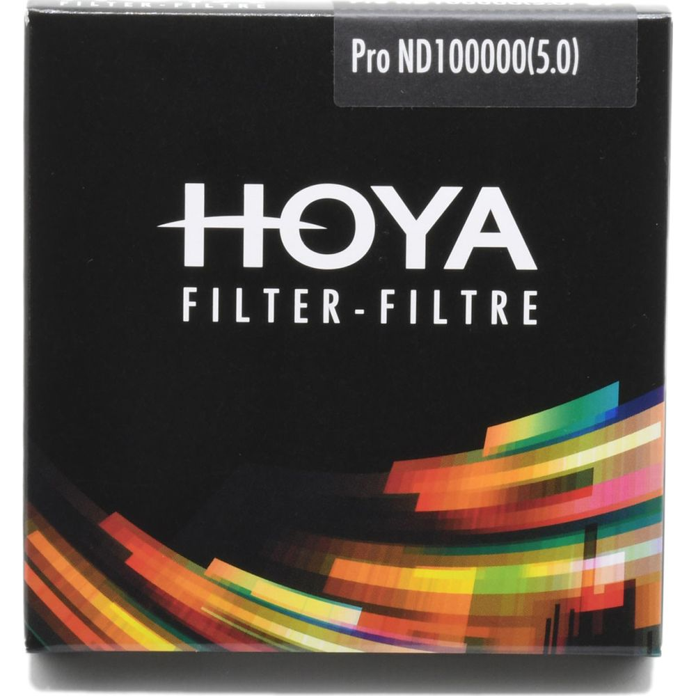 Boîte de filtre Hoya noire avec "Pro ND100000 (5.0)" et rayures abstraites.