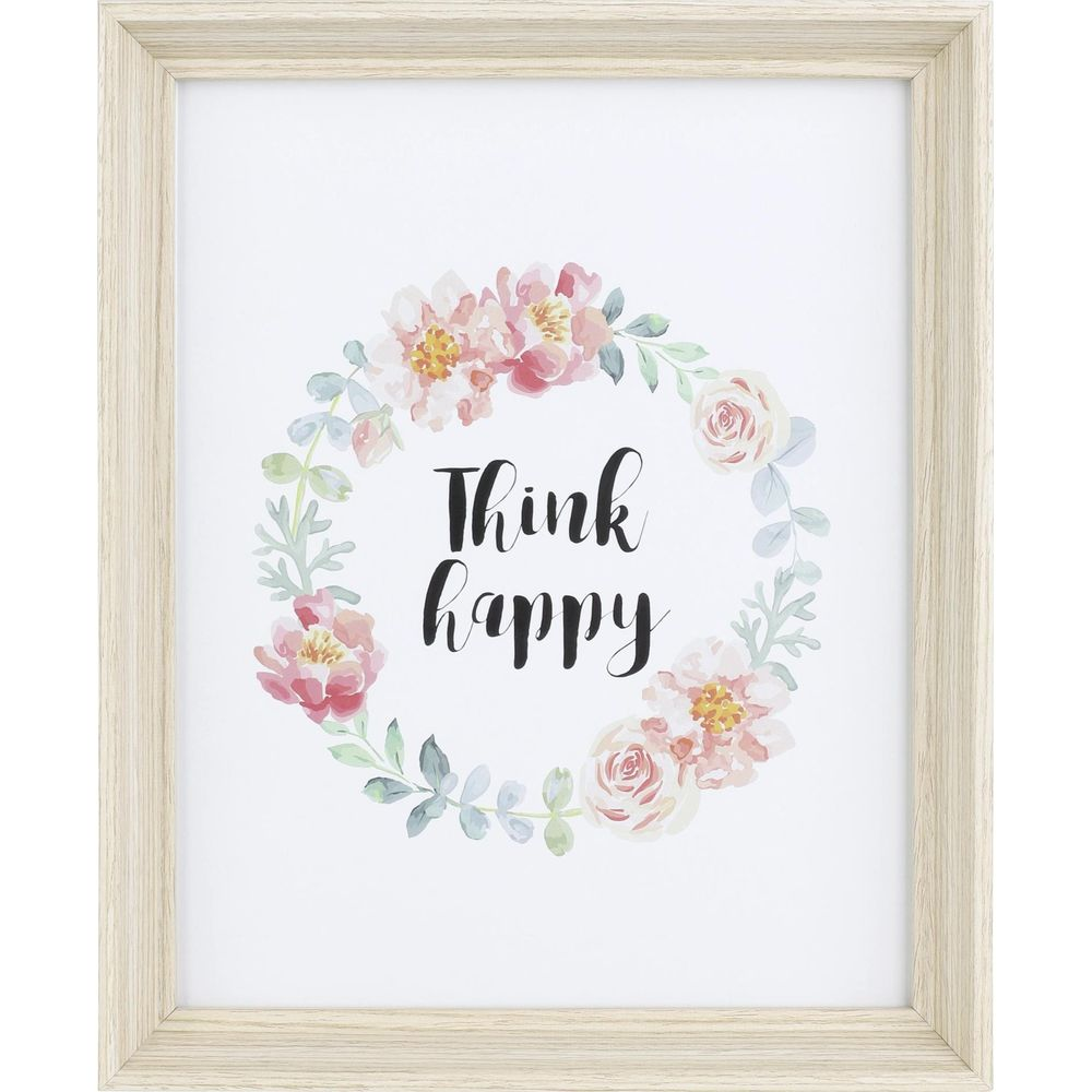 Cadre avec une couronne florale et le texte 'Think happy'.