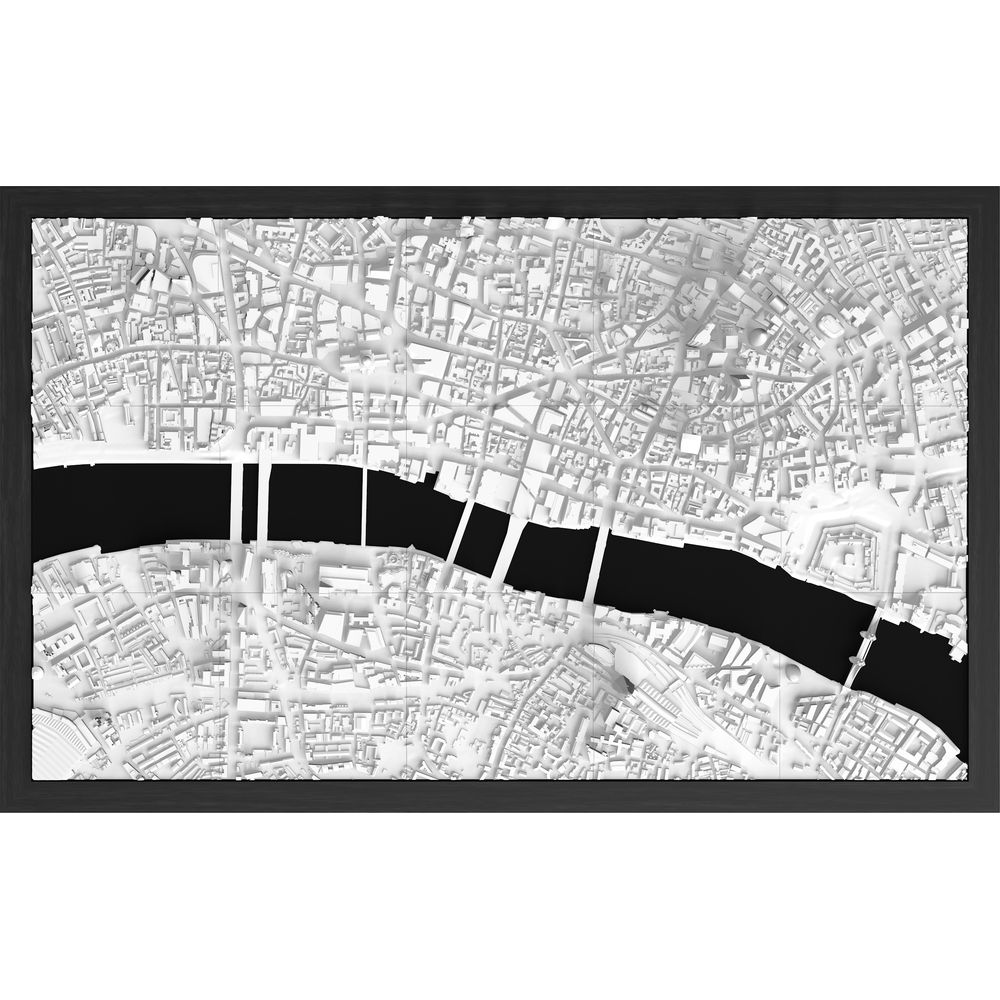 3D-Modell der Londoner Stadtlandschaft mit Themse und Brücken, detaillierte weiße Gebäude.