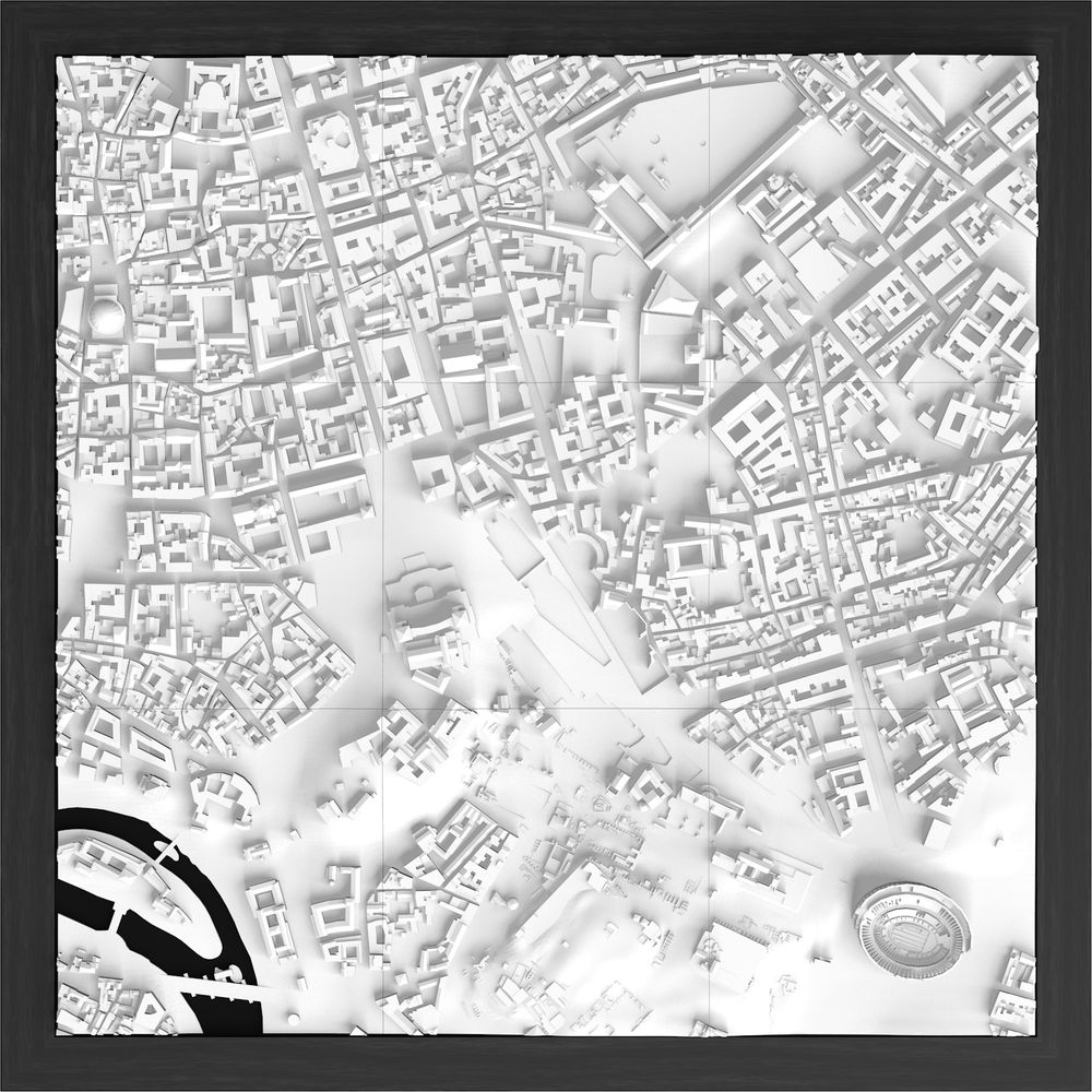 Eine weiße 3D-Stadtkarte mit detaillierten Gebäuden und Straßen, gerahmt von dunklem Holz.