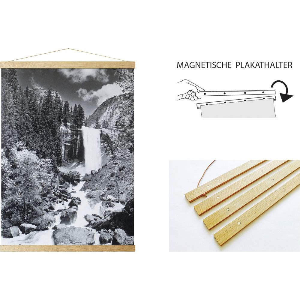 Holz-Plakatehalter mit Magneten, die ein Schwarz-Weiß-Foto eines Wasserfalls und eine Montageanleitung zeigen.