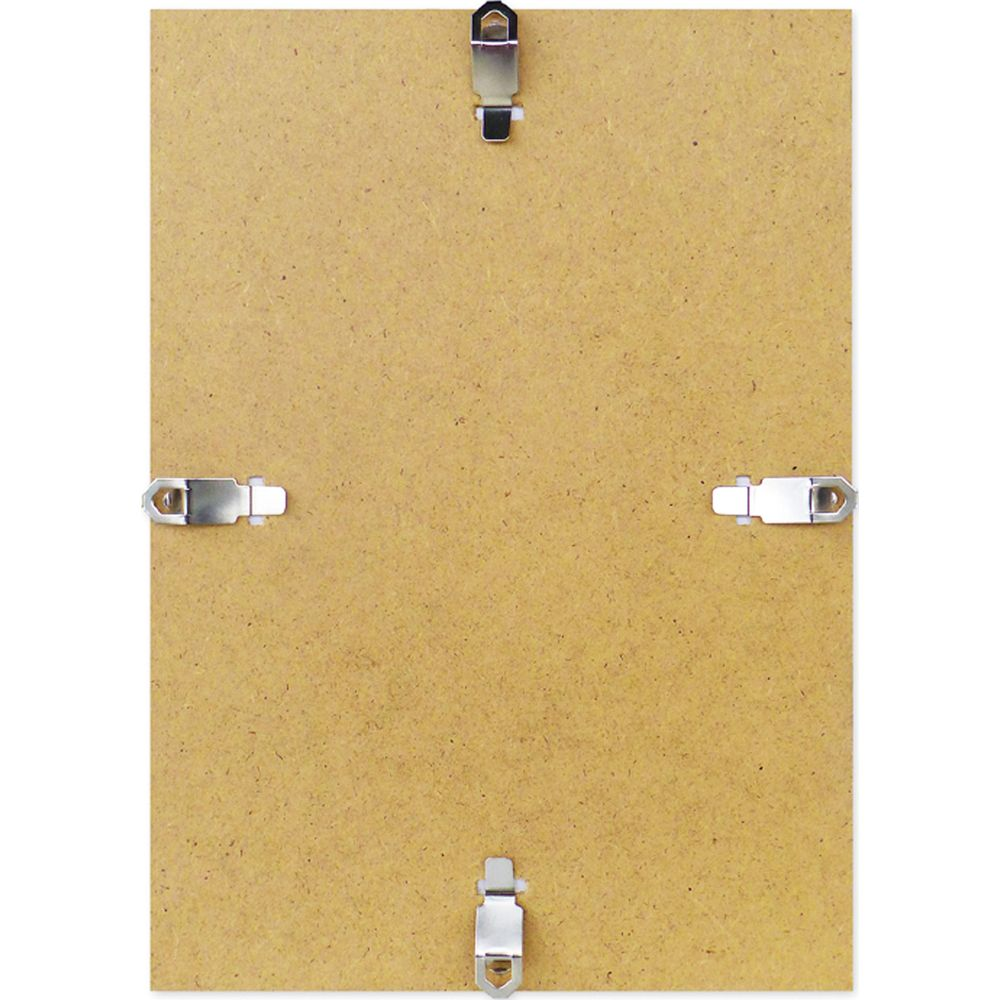 Dos d'une planche de bois marron avec quatre clips métalliques.