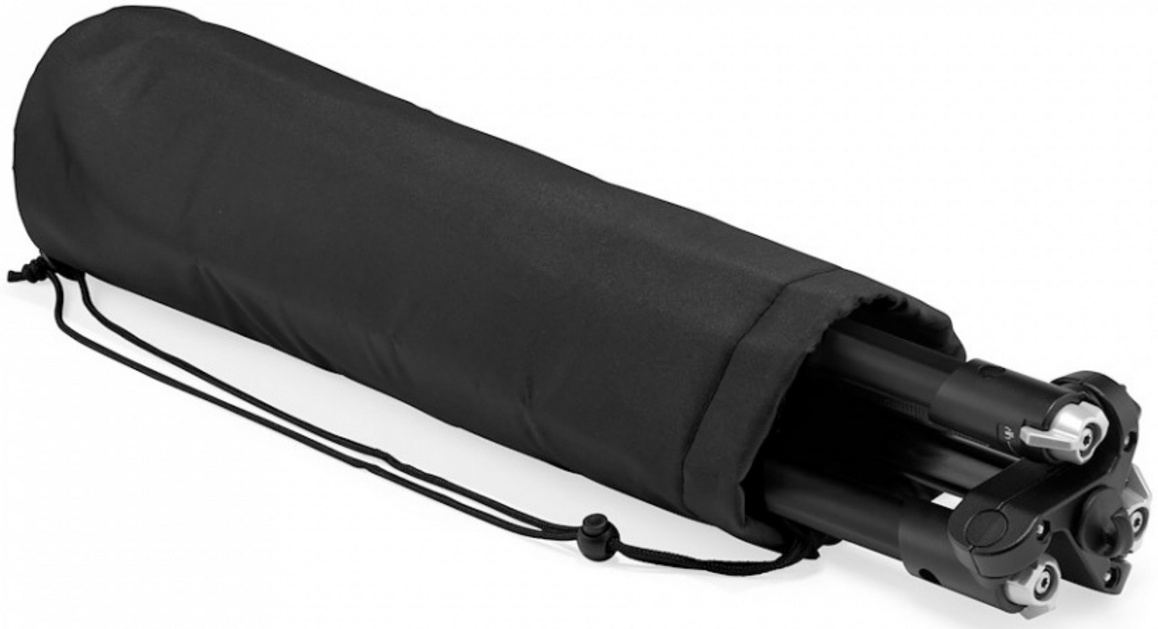 Sac en tissu noir avec cordon de serrage, montrant partiellement des pieds et articulations de trépied en métal.