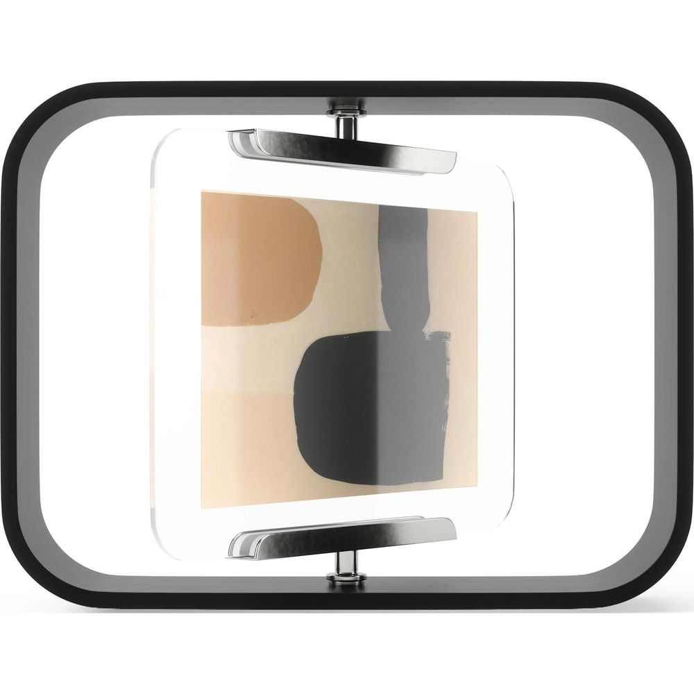 Ein schwarzer Rahmen um ein schwebendes Bild mit abstrakten Formen in Beige, Braun und Grau.