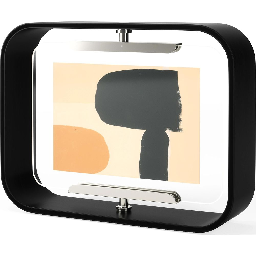 Ein digitaler Bilderrahmen mit abstrakter Kunst in Grau und Orange auf hellem Hintergrund.
