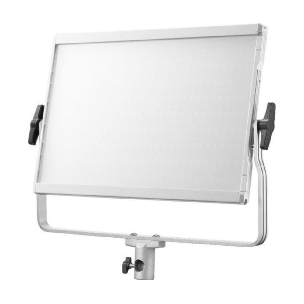 Un panneau LED blanc avec support argenté et poignées noires.