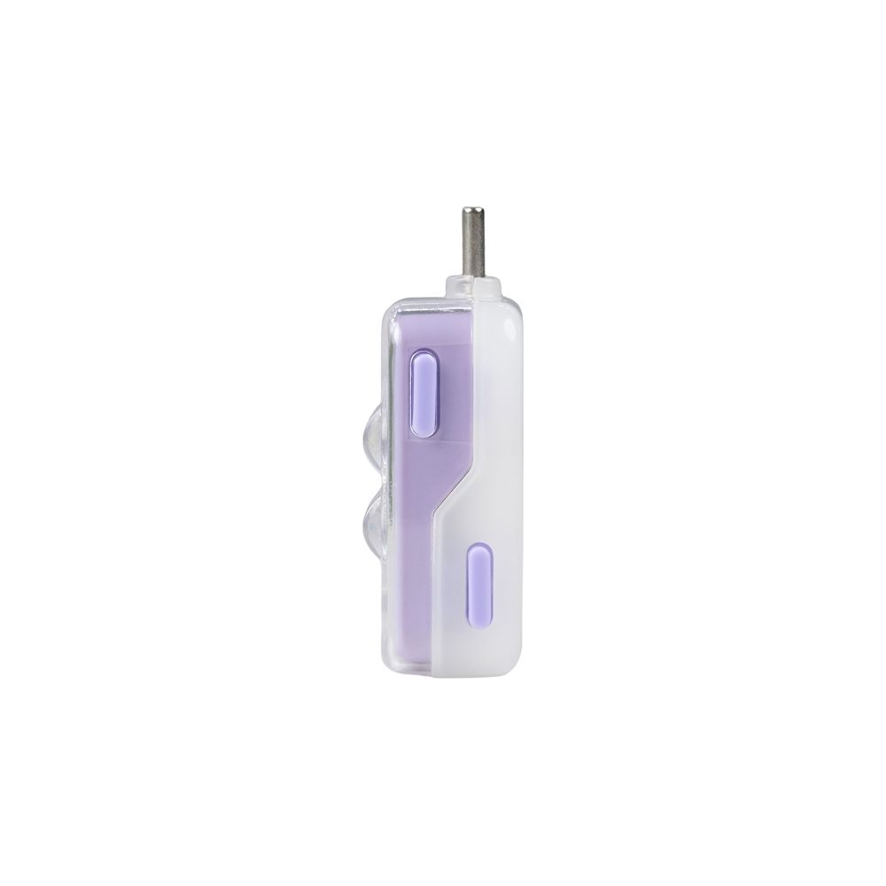 Un petit appareil électronique violet et blanc avec une broche métallique au sommet.