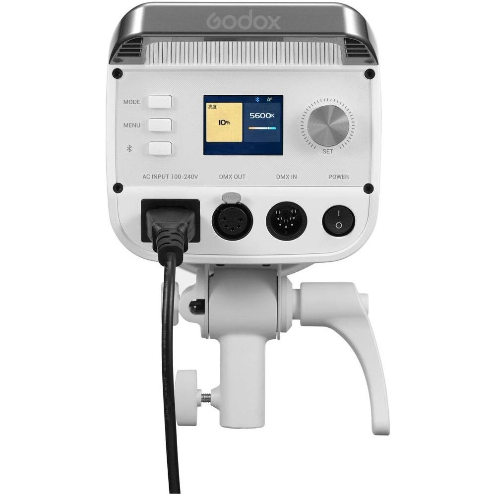 Godox-Licht mit LCD-Anzeige, 5600K, 10%. Anschlüsse: AC, DMX IN/OUT, Power.