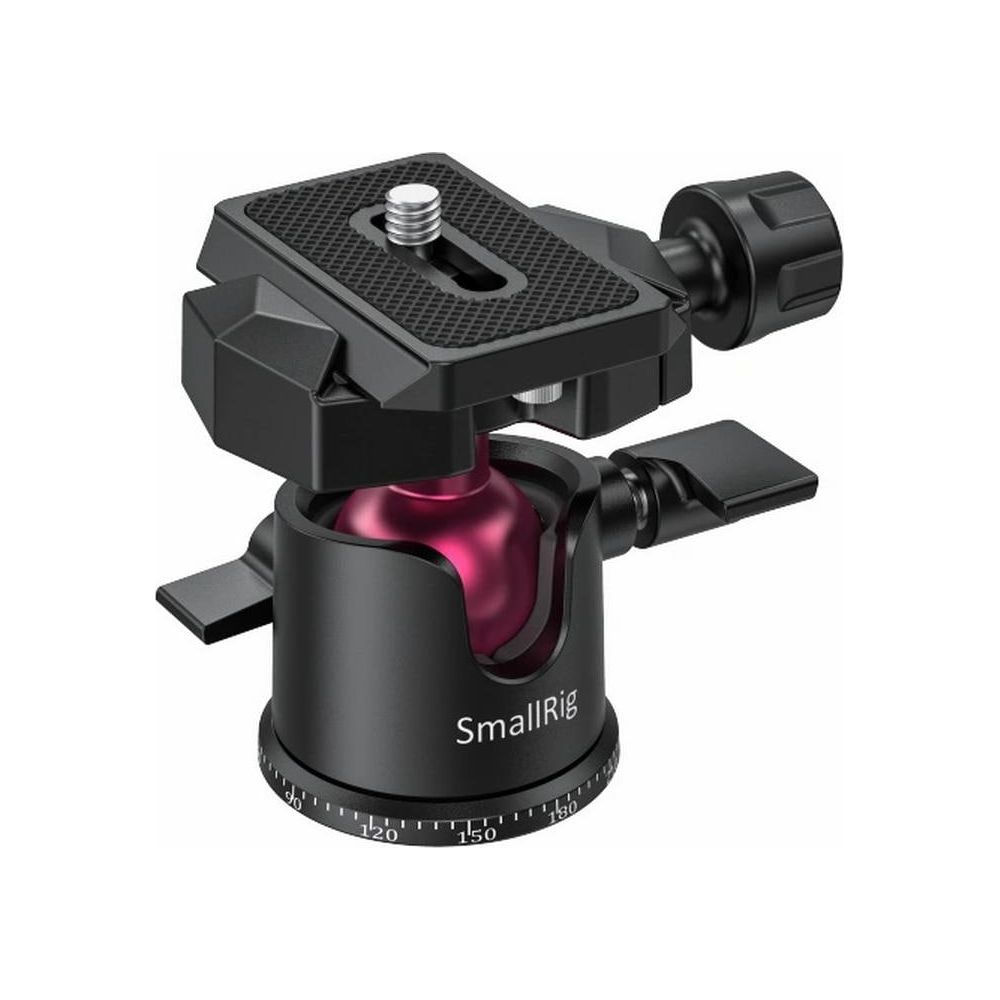 Supporto treppiede mini testa a sfera nera con sfera rossa e piastra a sgancio rapido.