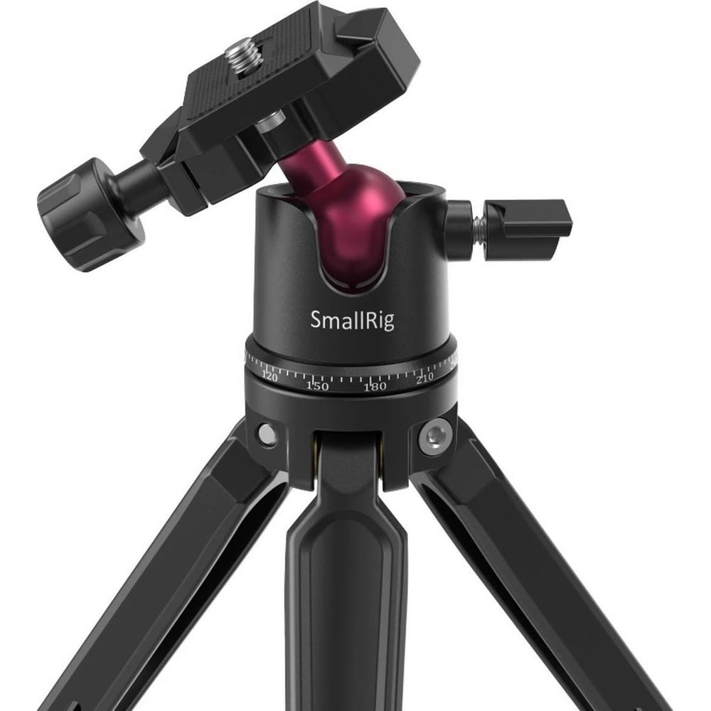Treppiede compatto SmallRig nero per fotocamera con testa a sfera e gambe rosse.