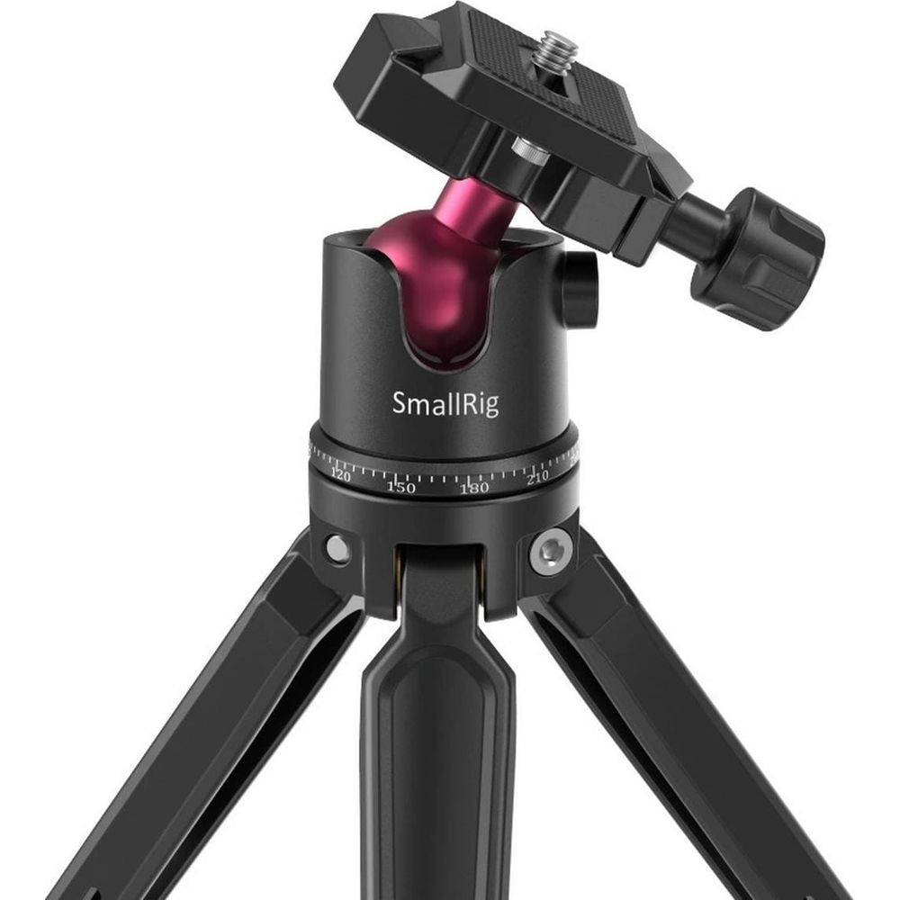 Un treppiede SmallRig nero con testa a sfera rosa e attacco per fotocamera.