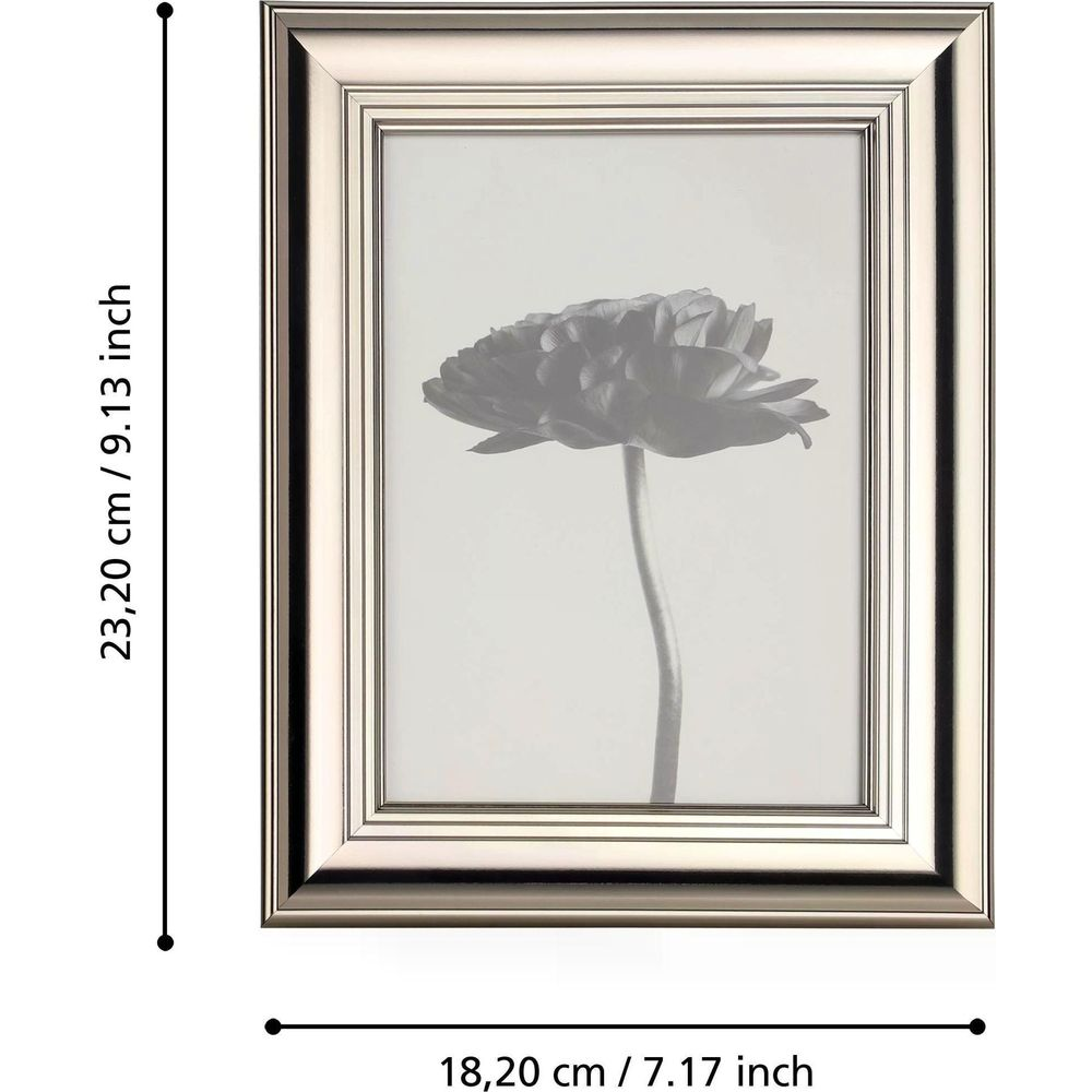 Cornice portafoto argentata con immagine di fiore. Dimensioni: altezza 23,20 cm, larghezza 18,20 cm.